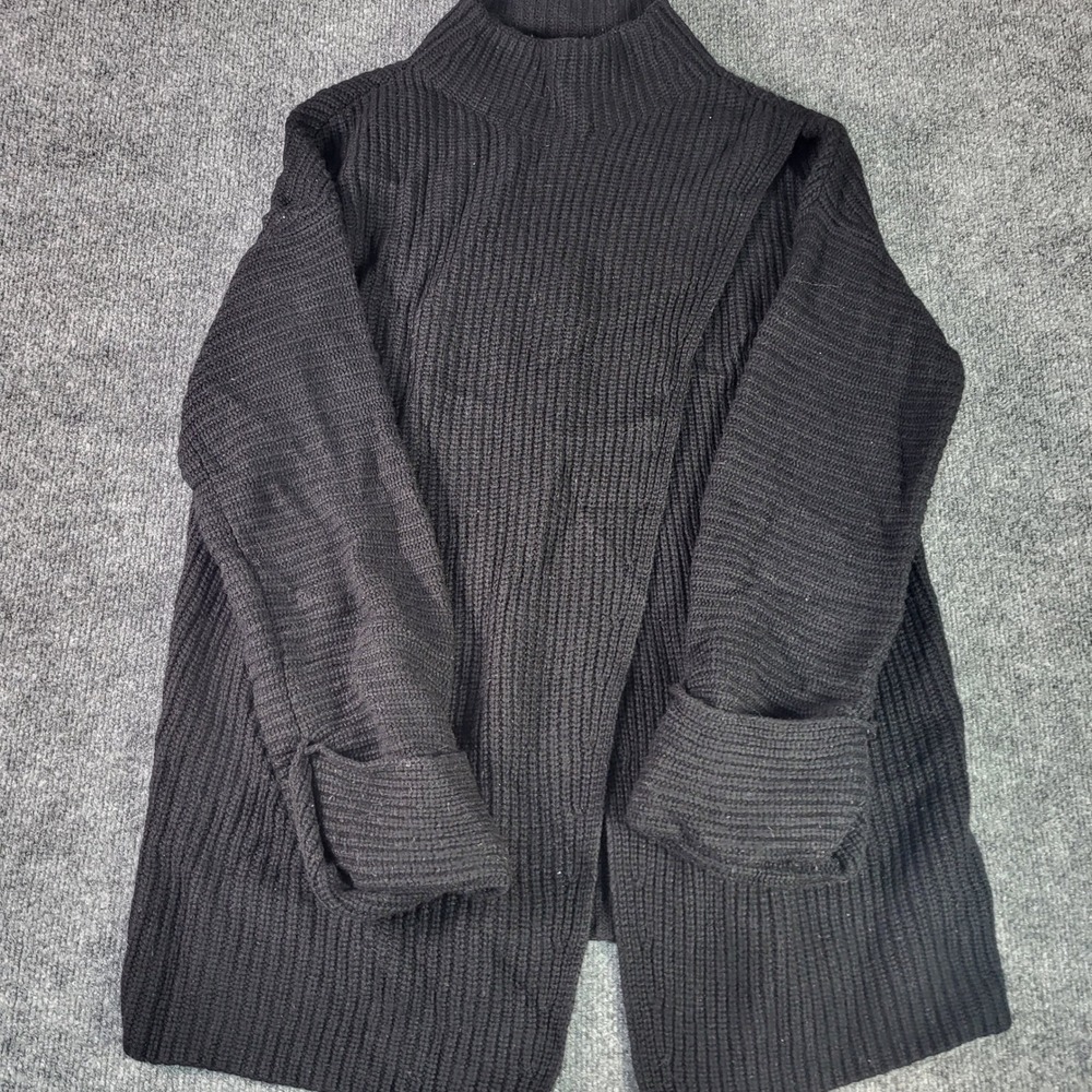 Athleta Black Merino Wool Cashmere Blend Ribbed Mock Neck Wrap Sweater Medium
